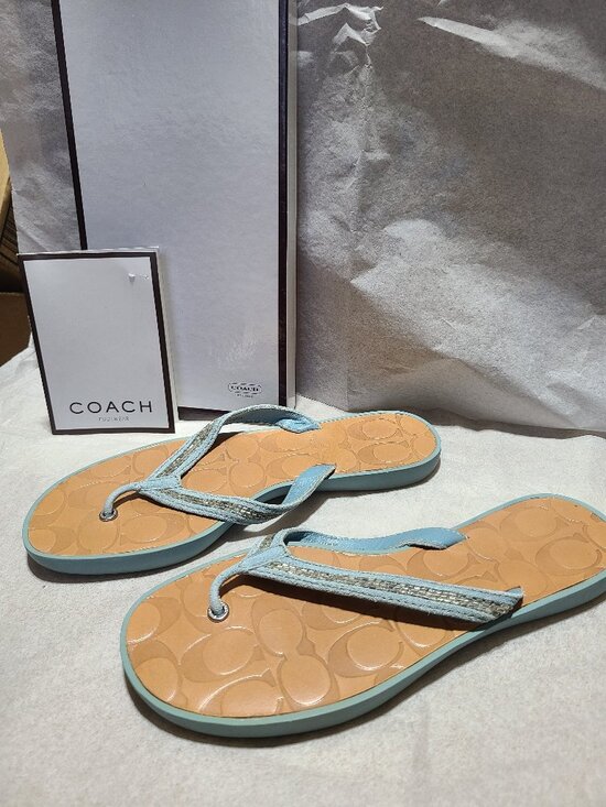 Coach Shoes - Coach Laurel Signature Vachetta Leather Beaded Blue Flip Flop Sandals
